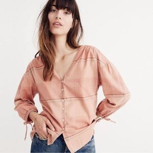 Madewell Morningview Tie-Sleeve Shirt in Peach Plaid XS